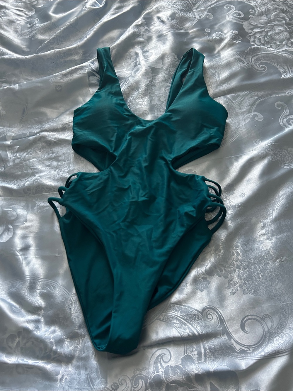 Womens Teal One-Piece Swimsuit with Side Cutouts
